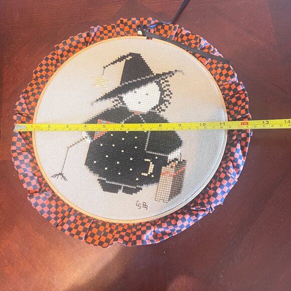 Halloween Handmade Witch Cross-Stitch Wall Art  Ruffled Fabric Frame  Decor Gift - Picture 4 of 4
